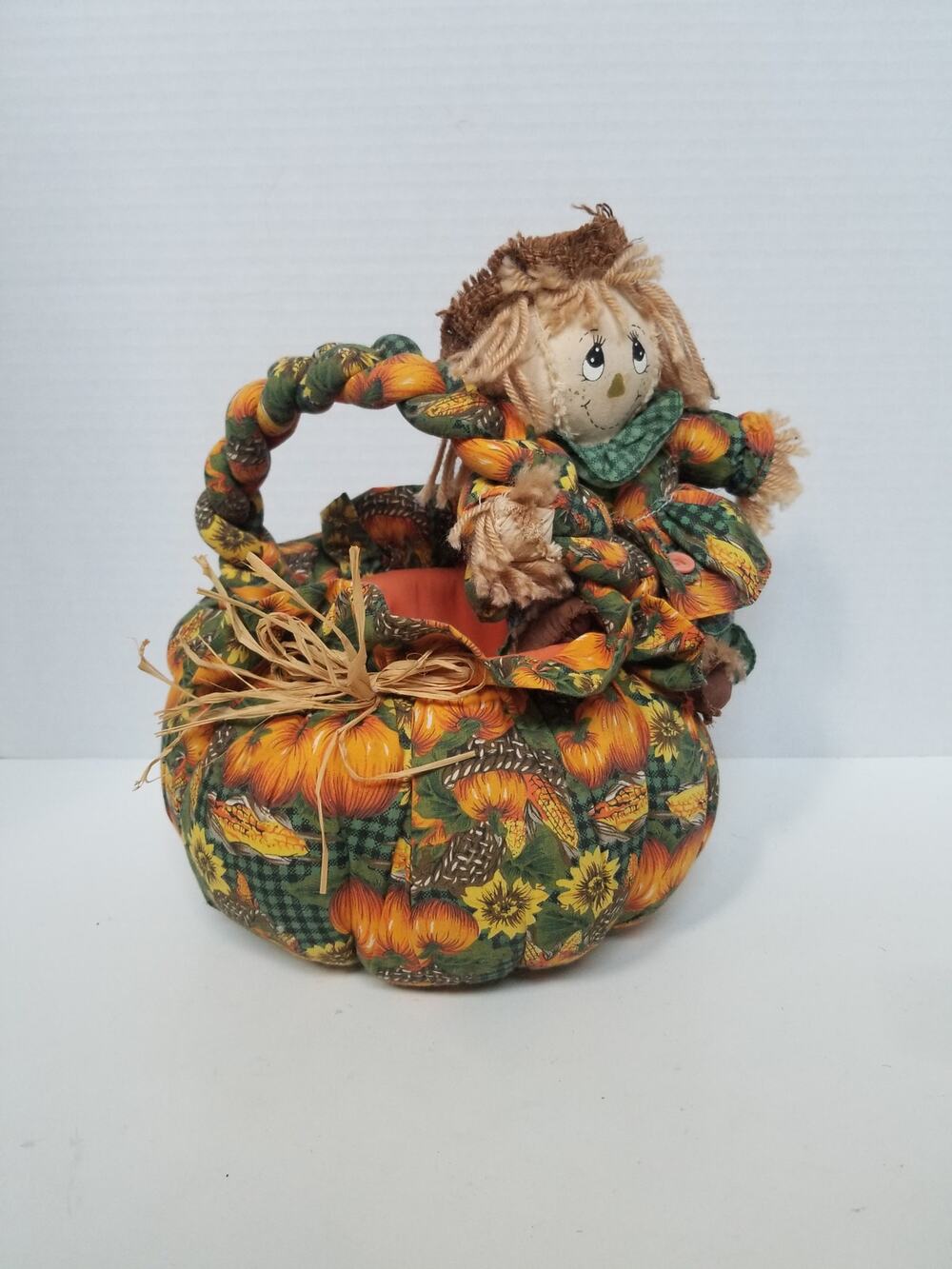 Vintage Fall Harvest Halloween Pumpkin Scarecrow Handmade Basket Fabric
